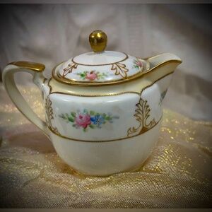Vintage Nippon Hand-painted Porcelain Creamer Pitcher Floral/Gold Trim Japanese
